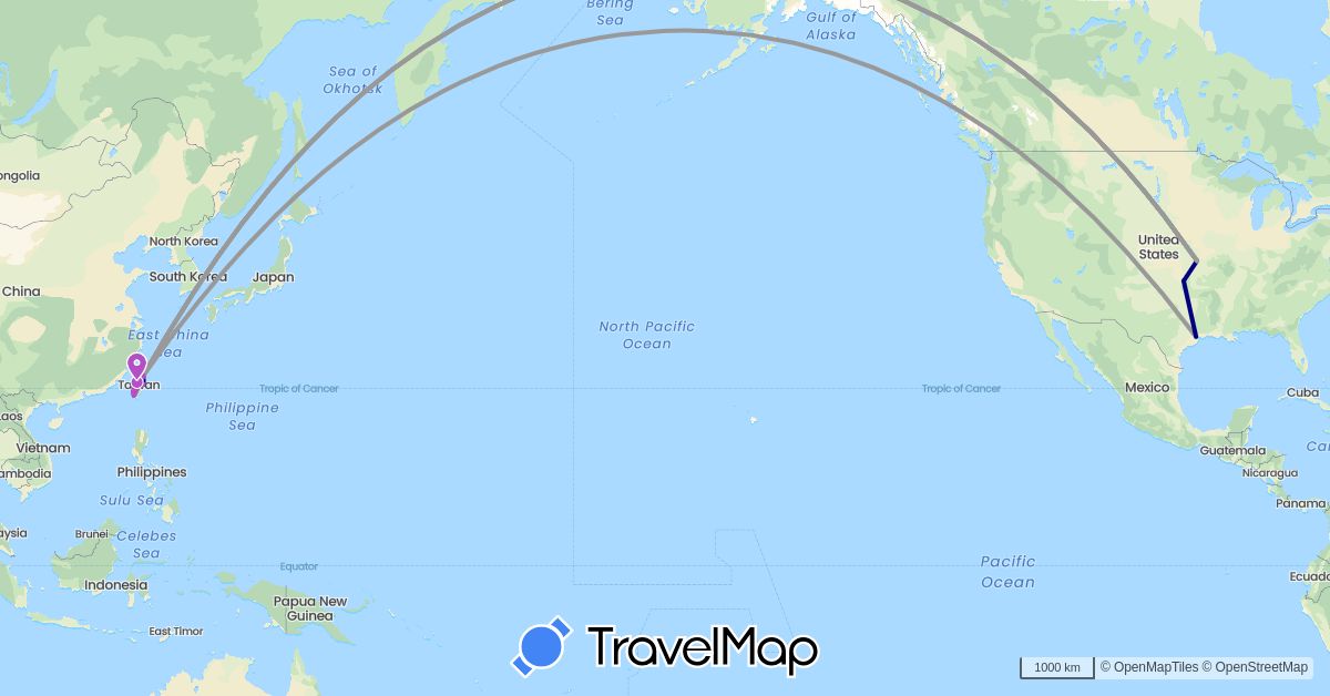 TravelMap itinerary: driving, bus, plane, train, motorbike in Taiwan, United States (Asia, North America)