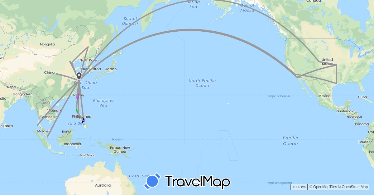 TravelMap itinerary: driving, bus, plane, train, motorbike in China, Philippines, Singapore, Thailand, Taiwan, United States (Asia, North America)
